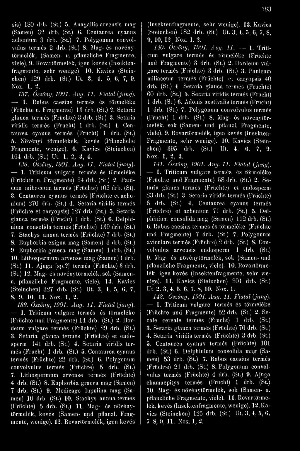 Fiatal (jmig). 1. Rubns caesius termés és törmeléke (Früchte u. Fragmente) 13 drl). (St.) 2. Setaria glauca termés (Früchte) 3 drb. (St.) 3. Setaria viridis termés (Frucht) 1 drb. (St.) 4.