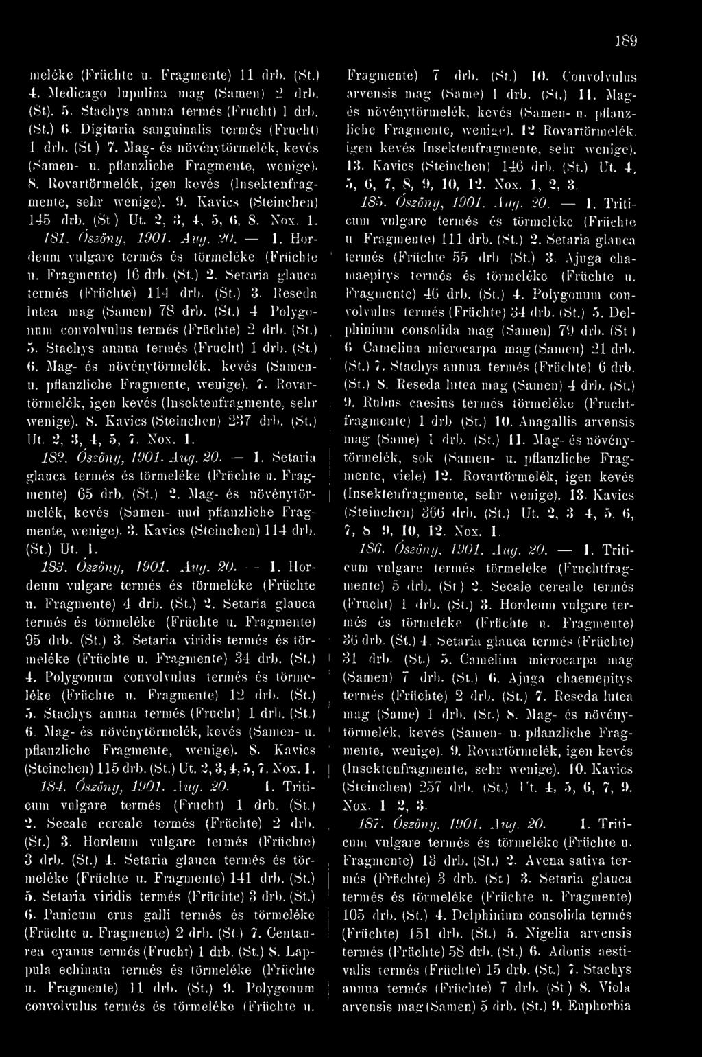 2, 3, 4, 5, (5, 8. Nox. 1. 181. Óssönij, 1901. Auij. VO. 1. Hordeum u. Fragmente) Ki dri). (St.) 2. Setaria glanca termés (Früchte) 114 drb. (St.) 3. Reseda lutea mag (Samen) 78 drb. (St.) 4 Polygi>nuni convolvulus termés (Früchte) 2 drb.