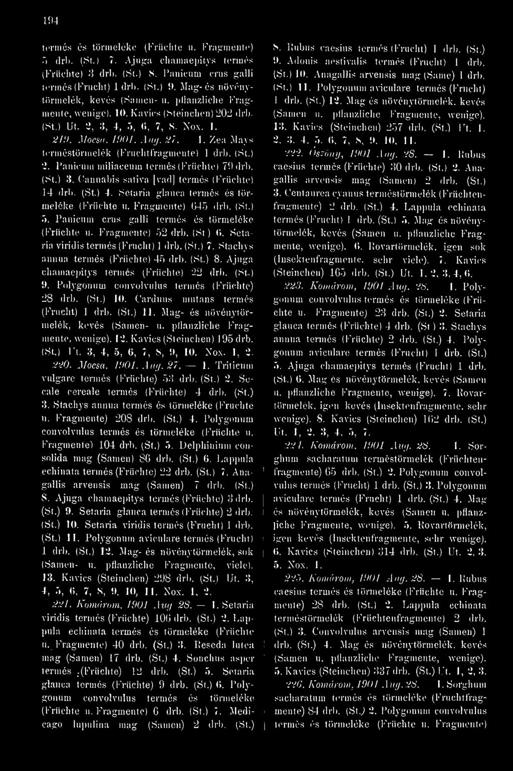 (St.) 'l. Panicuni niiliaceum termés (l''riichte) 79 drb. (St.) 3. Cannabis saliva [vad] termés (Früchte) 14 drb. (St.) é. Setaria glauca termés és törmeléke (Früchte u. Fragmente) 645 drb. (St.) 5.