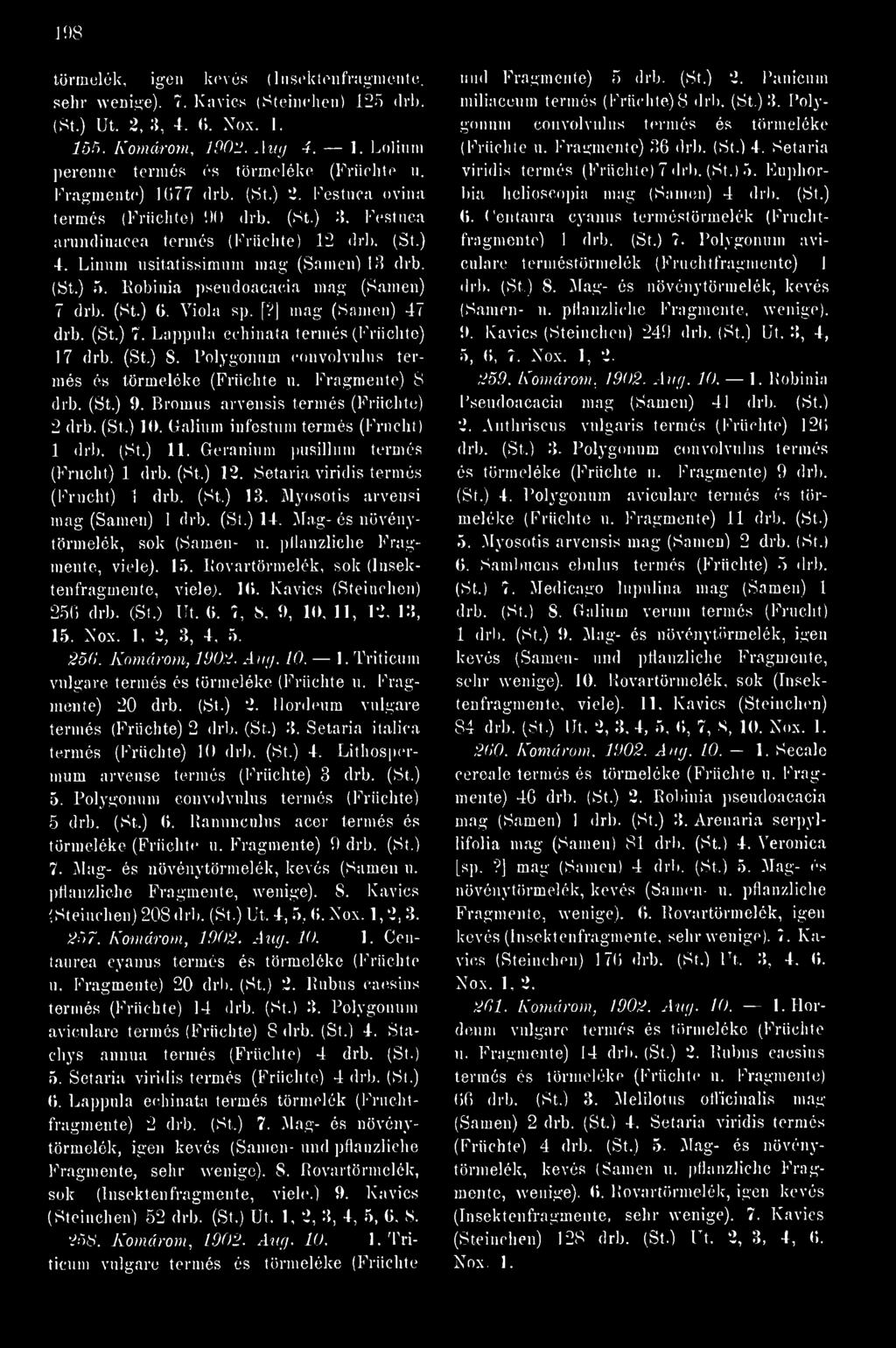 Robinia pseudoacacia mag (Samen) 7 drb. (St.) 6. Viola sp. ["?] mag (Samen) 47 drb. (St.) 7. Lappula echinata termés (Früchte) 17 drb. (St.) 8. Polygonum convolvulus termés és törmeléke (Früchte u.