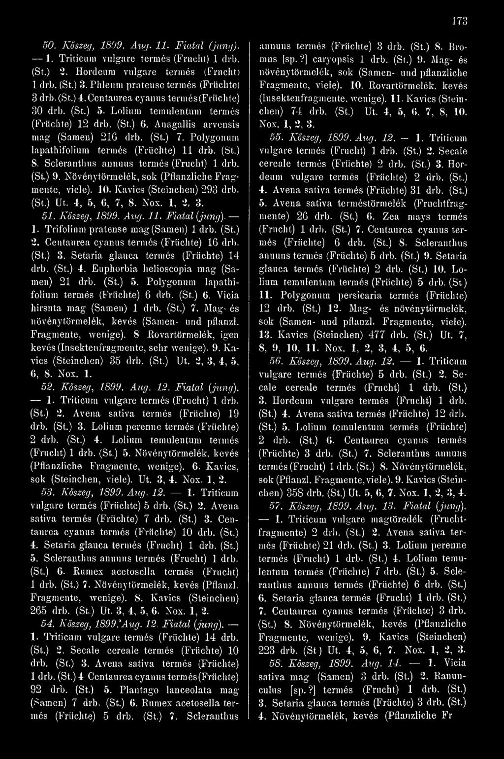 (St.) 8. Scleranthus anuuus termés (Frucht) 1 drb. (St.) 9. Növénytörmelék, sok (Pflanzliche Fragmente, viele). 10. Kavics (Steinchen) 293 drb. (St.) Ut. é, 5, 6, 7, 8. Nox. 1, 2, 3. 51. Kszeg, 1899.