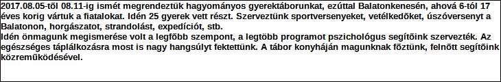 Támogatási program elnevezése: Támogató megnevezése: Gyerektábor támogatása magánszemélyek, SZJA 1% központi költségvetés Támogatás forrása: önkormányzati költségvetés nemzetközi forrás más