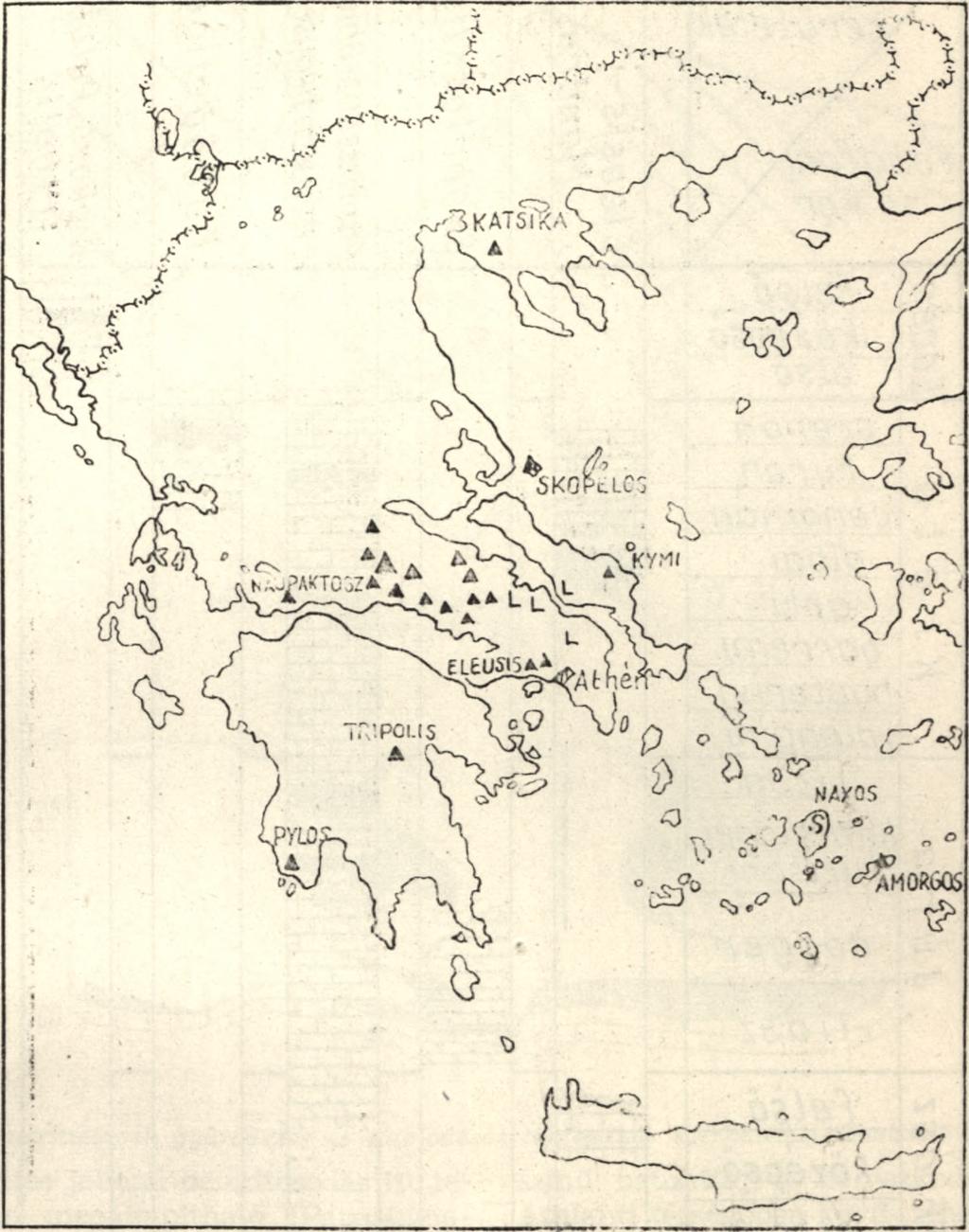ábra: Görögország bauxittelepeinek földrajzi elterjedése. 1. bauxit, 2. smirgel, 3.
