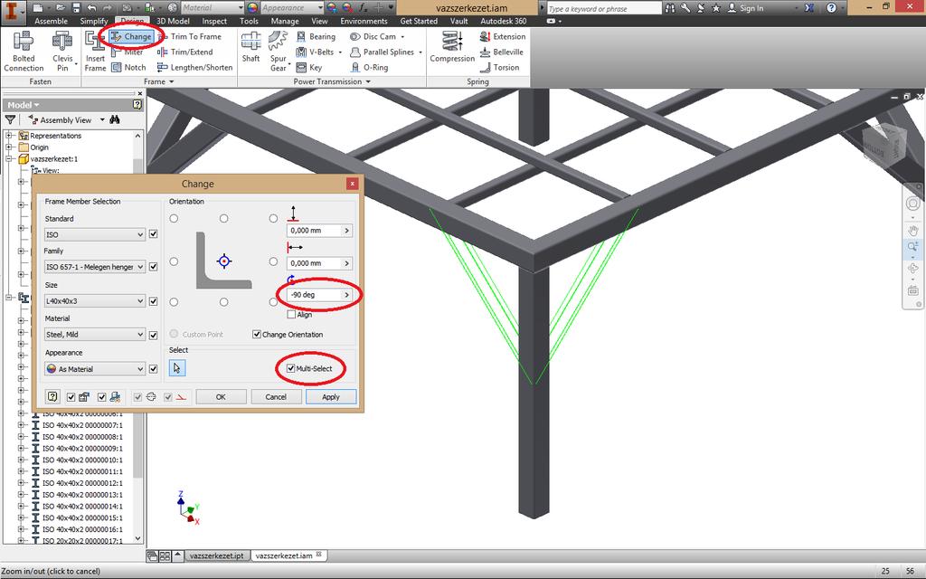 8. Változtassa meg a merevítők profilját 40 x 40 x 2-es négyzetprofilról 40 x 40 x 3-as szögvas-profilra. VIGYÁZAT! a szögvas nem középpontosan szimmetrikus, ezért figyeljen oda a Rota- on-re.