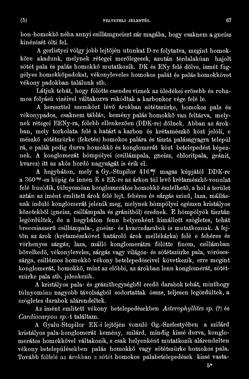 DK és ENy felé dőlve, ismét függélyes homokkőpadokat, vékonyleveles homokos palát és palás homokkövet vékony padokban találunk stb.