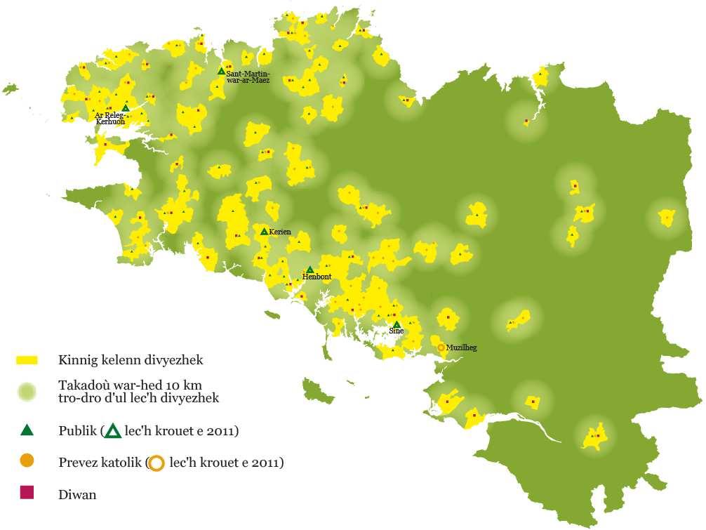 E 2011, evit ar 34 e distro-skol da-heul, e talc'h ar rouedad skolioù d'en em zispakañ ha kresk zo gant sifroù ar c helenn divyezhek.