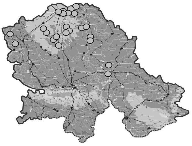 1. kép: A felmérés helyszínei köröcskékkel jelölve, Vajdaság térképén A lekérdezettek száma ciklusonként nőtt.