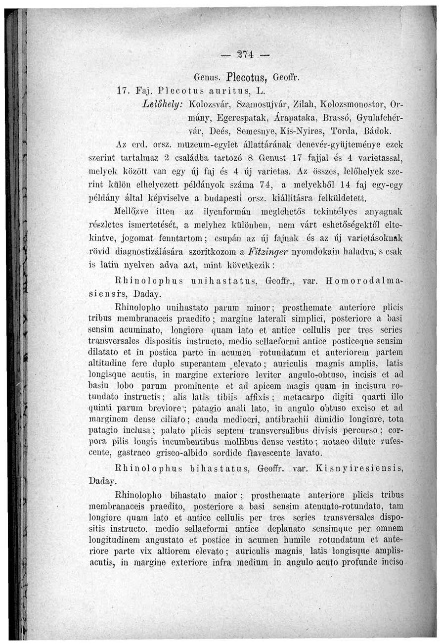 274 Genus. Plecotus, Geoffr. 17. Faj. Plecotus auritus, L.