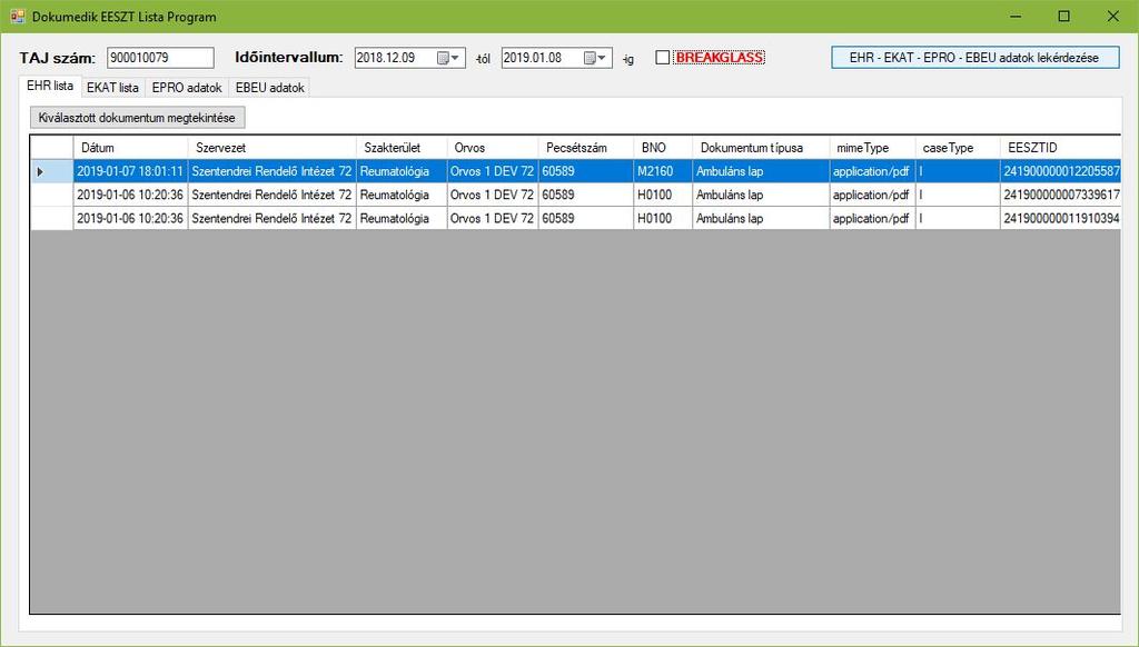 EESZT Lista - EHR Lista Az EHR Lista fülén láthatók a pácienshez feltöltött dokumentumok (leletek) a feltöltési idő csökkenő sorrendben.