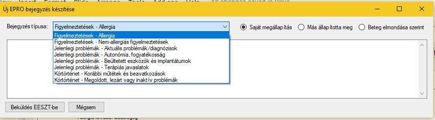 Az Új EPRO bejegyzés gomb megnyomása után előugrik egy beviteli ablak, ahol megadhatjuk az új profil bejegyzés típusát, a megállapítás típusát és szöveges