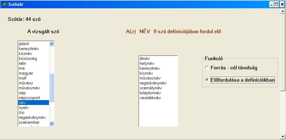 3. A program meg tudja adni a távolságok szótárbeli eloszlását, azaz azt, hogy a szótár 44 szava között elképzelhető összes lehetséges azaz 44 szó esetében 44 43 = 1892 kapcsolat közül hány