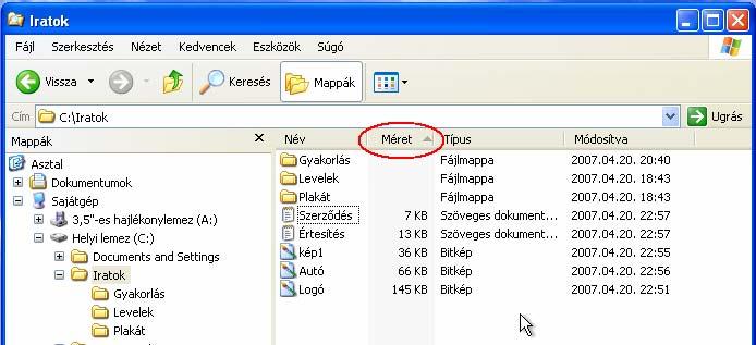 A Méret szerinti rendezéshez kattintsunk egyet a fejlécen a Méretre. 7. ábra Fájlok rendezése 3.