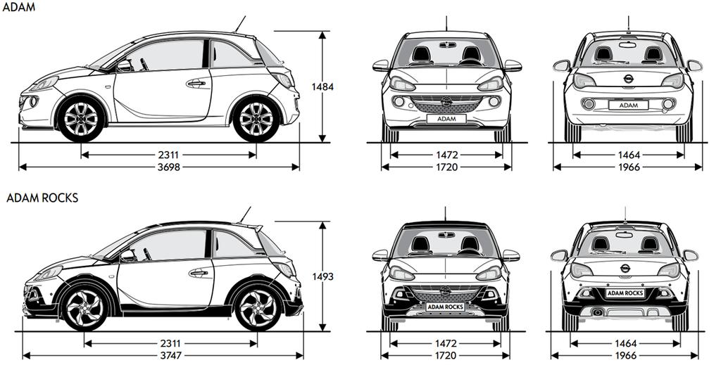 Műszaki adatok 3 Általános tulajdonságok Általános tulajdonságok Karosszéria ADAM ADAM ROCK Csomagtartó méretek (ECIE/GM)(mm) ADAM Magasság (mm) 1484 1493 Hossz előrehajtott hátsó üléssel 141