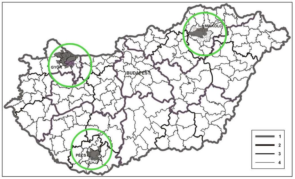 A vizsgált három várostérség elhelyezkedése Jelmagyarázat: 1 Országhatár; 2