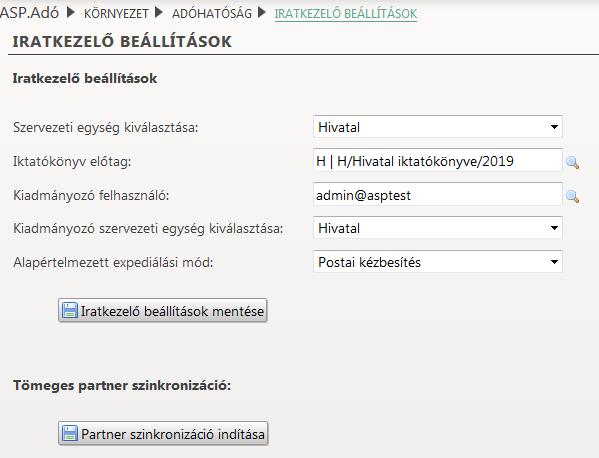 6. Iratkezelő beállítások Az Adó és az Irat szakrendszer közötti integráció megfelelő működéséhez az Adó szakrendszerben el kell végezni az Iratkezelő beállításokat: A Szervezeti egység az Iratkezelő