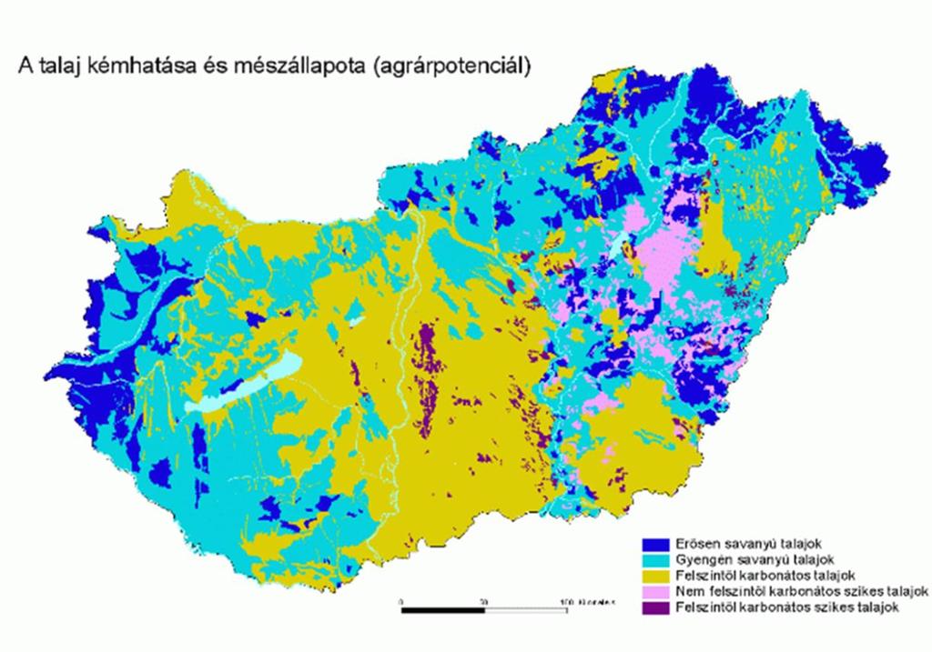 Savanyú talajok Magyarországon A hazai talajok mintegy: 8%-a erősen (ph KCl <4,5), 18%-a közepesen (ph KCl 4,5-5,5), 20%-a gyengén (ph KCl 5,5-6,5),