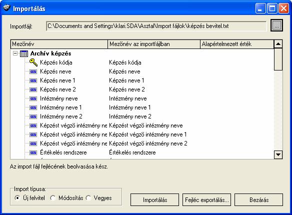 Az import típusának megadása után következhet az importálás.