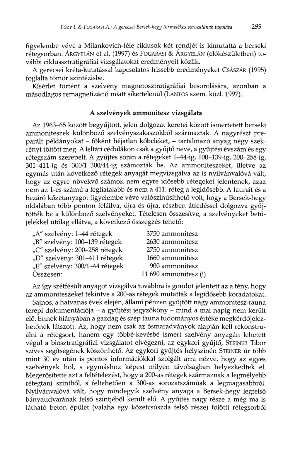 FÖZY I. & FoGARASi A: A gerecsei Bersek-hegy törmelékes sorozatának tagolása 299 figyelembe véve a Milankovich-féle ciklusok két rendjét is kimutatta a berseki rétegsorban. ÁRGYELÁN et al.