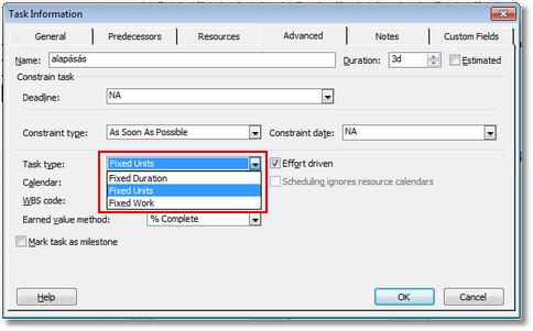 Tevékenység típusának megváltoztatása Rögzített időtartam (Fixed Duration) esetén az újabb erőforrások hozzárendelése azt fogja eredményezni, hogy az egyes erőforrások munkamennyisége csökkeni fog.