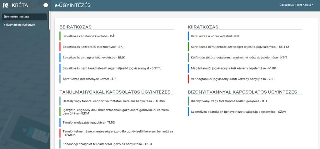 4. oldal Az e-ügyintézés menüpontra kattintva elérhető a felület, ahol az Ügyintézés indítása menüpont segítségével a különböző ügyeket indíthatja a szülő, illetve a Folyamatban lévő ügyek