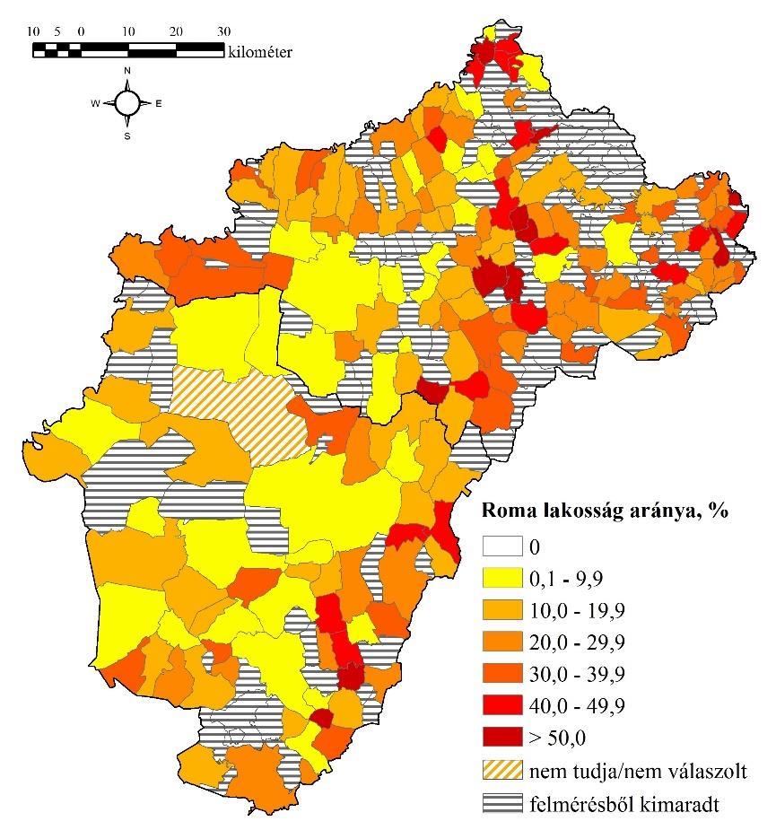 forrás: a DE-PKE felmérése alapján forrás: a DE-PKE felmérése alapján Az eredmények bemutatása A roma lakosság aránya a vizsgált két megye településein