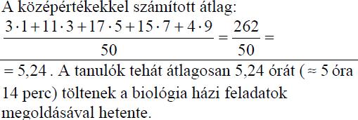 A biológia házi feladatok megoldásával hetente eltöltött órák száma* 0-2 2-4 4-6 6-8 8-10 Tanulók száma 3 11 17 15 4 A tartományokhoz az alsó határ hozzátartozik, a felső nem.