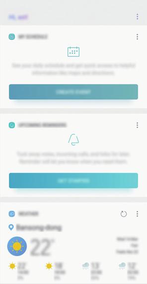 Alkalmazások és funkciók Bixby Kezdőlap A Bixby Kezdőlap képernyőn javasolt szolgáltatásokat és információkat tekinthet meg, amiket a Bixby az Ön használati szokásainak elemzése révén ajánl fel Önnek.