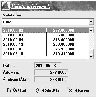 Valuta árfolyamok Ebben a menüpontban tudunk előre felrögzíteni, az egyes valutanemekhez, adott napon érvényes valutaárfolyamokat.