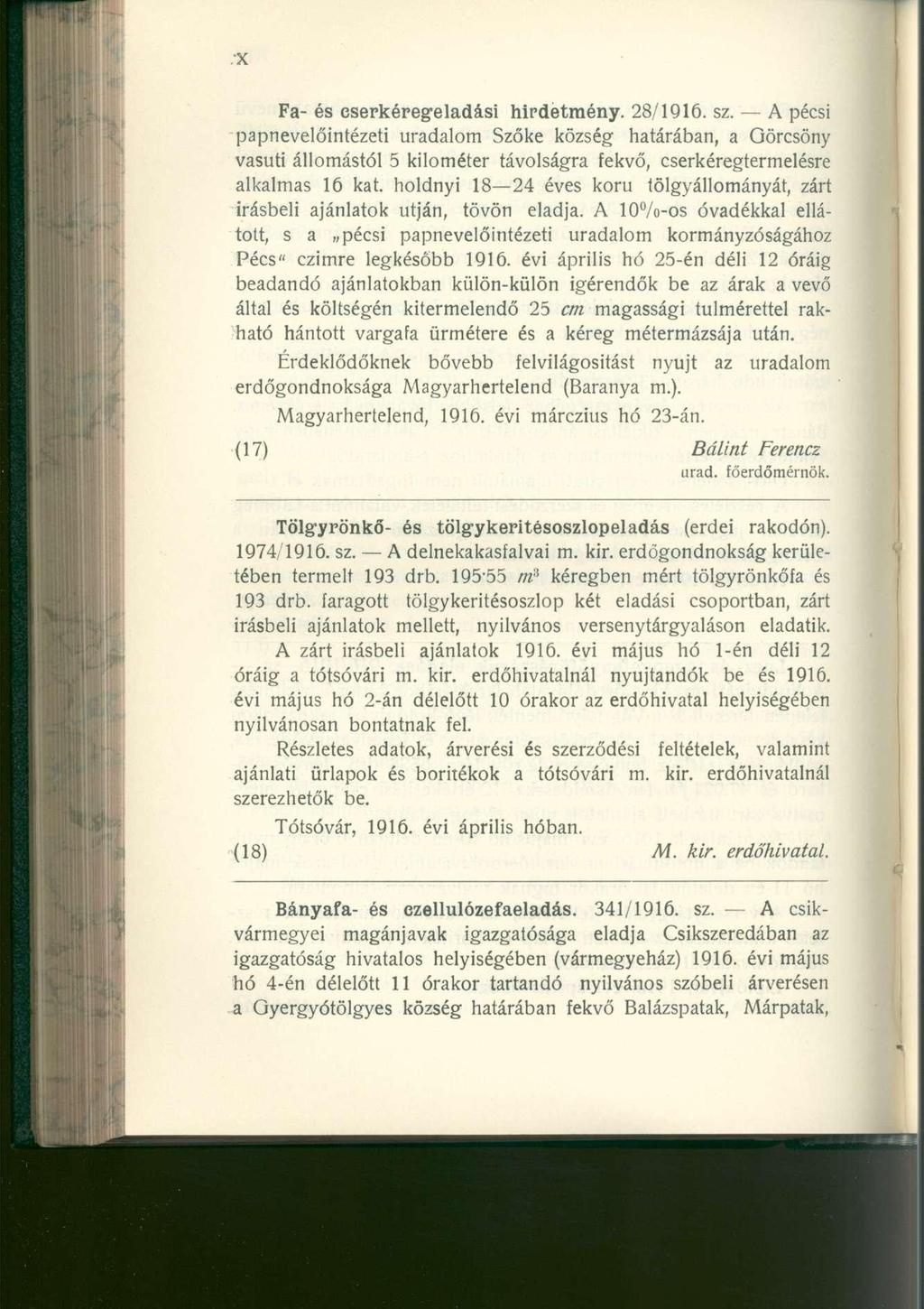 Fa- é s cserkéregeladási hirdetmény. 28/1916. sz.