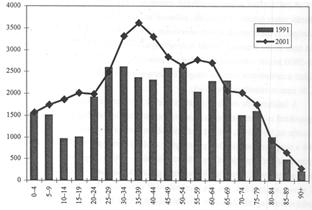 3. ábra A magyarok korpiramisa Ausztriában 1991-ben és 2001-ben A horvátországi magyarság demográfiai helyzete A magyarok száma Horvátországban 1991-ben 22 355 fő volt. A 2001.