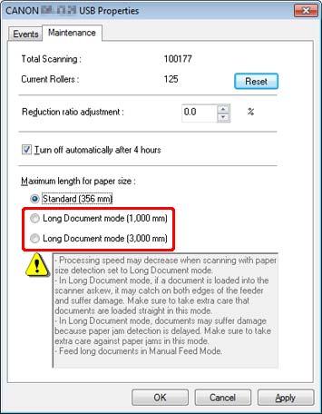 4 Kattintson a [Maintenance] [Karbantartás] lapra, majd válassza [Long Document mode] [Hosszú dokumentum üzemmód] lehetőséget.