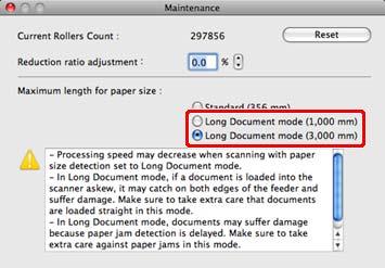 4 A dokumentum hosszától függően válassza a [Long document mode (1,000 mm)] [Hosszú dokumentum üzemmód (1000 mm)] vagy a [Long document mode (3,000 mm)] [Hosszú dokumentum üzemmód (3000 mm)]