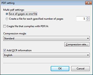 PDF-beállítások JPEG-beállítás A [Multi-pdf settings] [Több PDF-fájlra vonatkozó beállítások] elemcsoportban megadhatja, hogy a beolvasott képeket egyetlen többoldalas fájlként
