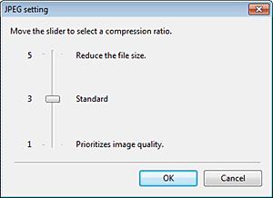A [Compression rate] [Tömörítési arány] gombra kattintva megjelenő párbeszédpanelen megadhatja a tömörítési arányt. TIFF-beállítások Megadhatja a JPEG-képek tömörítési arányát.