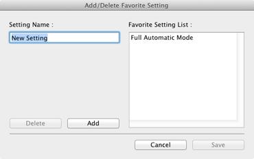 Ha el kívánja menteni a lapolvasó illesztőprogramjának beállításait A beállítás befejezését követően a beállítás mentéséhez válassza a [Favorite Settings] [Kedvenc beállítások] alatti [Add/Delete]