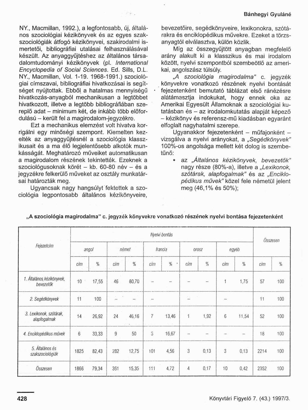 NY, Macmillan, 1992.), a legfontosabb, új, általános szociológiai kézikönyvek és az egyes szakszociológiák átfogó kézikönyvei, szakirodalmi ismertetői, bibliográfiai utalásai felhasználásával készült.