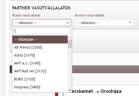 Átadó/átvevő vasúttársaság megadása A partner vasútvállalatoknál az átadó és átvevő vasútvállalatok adhatók meg.