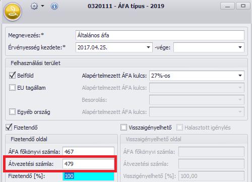 Minden Áfa npusnál egyenként kell megadni az Átvezetési számlát! Példánkban a 479-es számlaszámot adtuk meg. Ha Visszaigényelhető az Áfa npusa, ot is meg lehet adni az Átvezetési számlát.