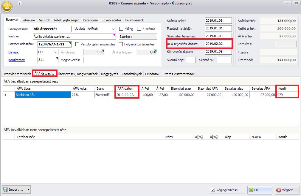 Az áfa összege egy generált vegyes tétellel 2019.02.