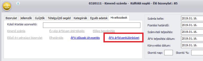 A Hivatkozások fülön az ÁFA árfolyamkülönbözet linkre katntva látható az