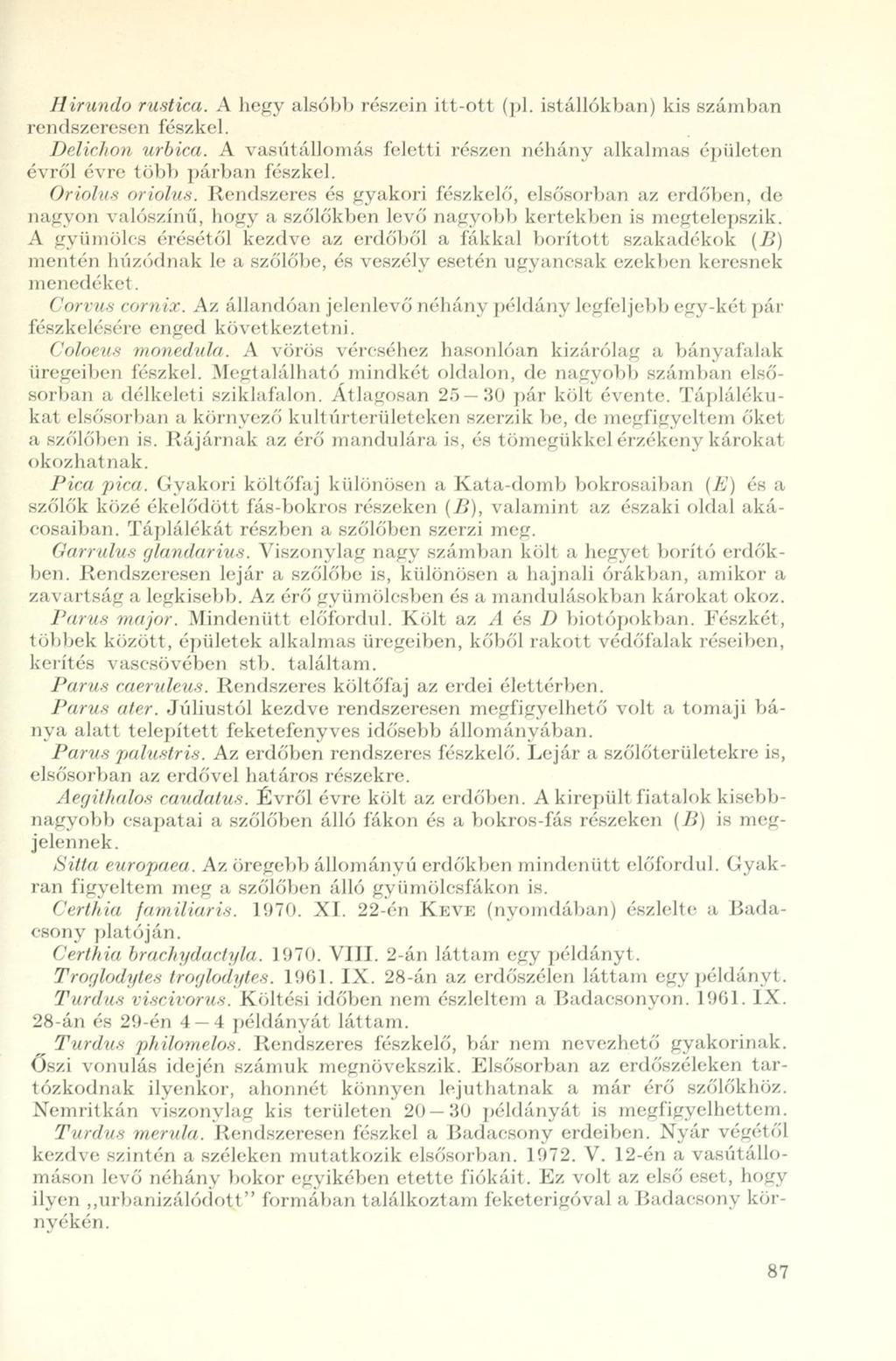 Jlirundo rustica. A hegy alsóbb részein itt-ott (pl. istállókban) kis számban rendszeresen fészkel. Delichon urbica.