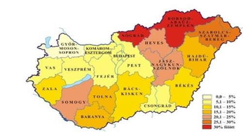 A térkép adatai azt mutatják, hogy magas a roma lakosság aránya Borsod-Abaúj-Zemplén megyében, Szabolcs-Szatmár-Bereg megyében, Hajdú-Bihar megyében és Baranya megyében.