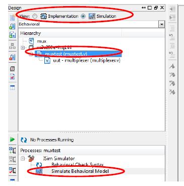 Szimuláció elindítása A Project Navigator program View opciói közül válassza ki a Simulation-t, majd a Hierarchy ablakban jelölje ki a testbench fájlt (Lab2_3_TF).