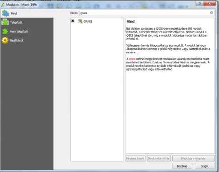 leellenőrizzük, hogy a GRASS modul telepítve van-e a modulok között.