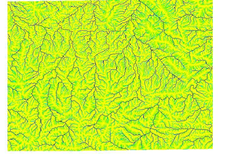 48. ábra: Összegyülekezési raszteres réteg c) A következő lépés a folyók elkészítés lesz az összegyülekezési térképből r.mapcalc, r.