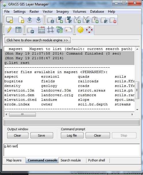 5. A Command Consol fülön (alsó menüsor): kilistáztatom Spearfish60 raszteres állományait Megnézzük mit másolunk a saját térképhalmazunkba át (g.list rast) 4. ábra: Raszteres rétegegek kiíratása 6.