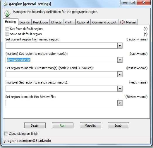 7. A munkaterület régióját beállítjuk a DEM-vel megegyezőére Settings\Region\Set region (g.region) 7. ábra: Régió beállítása I. 8. ábra: Régió beállítása II. 8. Hidrológiai analízis funkciók használata: a.