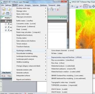 modulban a depressziók feltöltése mellett, még a folyási irány réteg is elkészíthető, mely egy adott ponthoz tartozó folyási irányt adja meg.