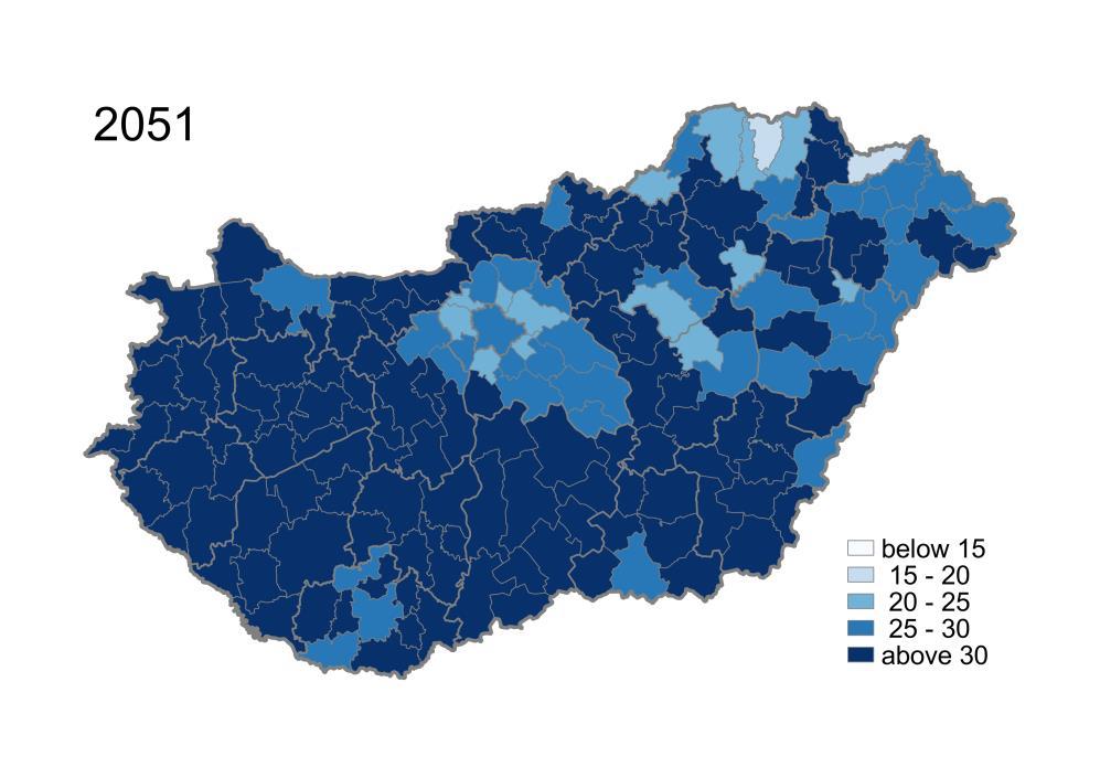 Results and integration into NAGIS Előreszámítás: Népességszám 2051-ben: 8,43 millió fő Népességcsökkenés 2011-hez képest: 15% Eltartási ráta 2011-ben: 45,87%; 2051-ben: 75,46% Our projection: Total