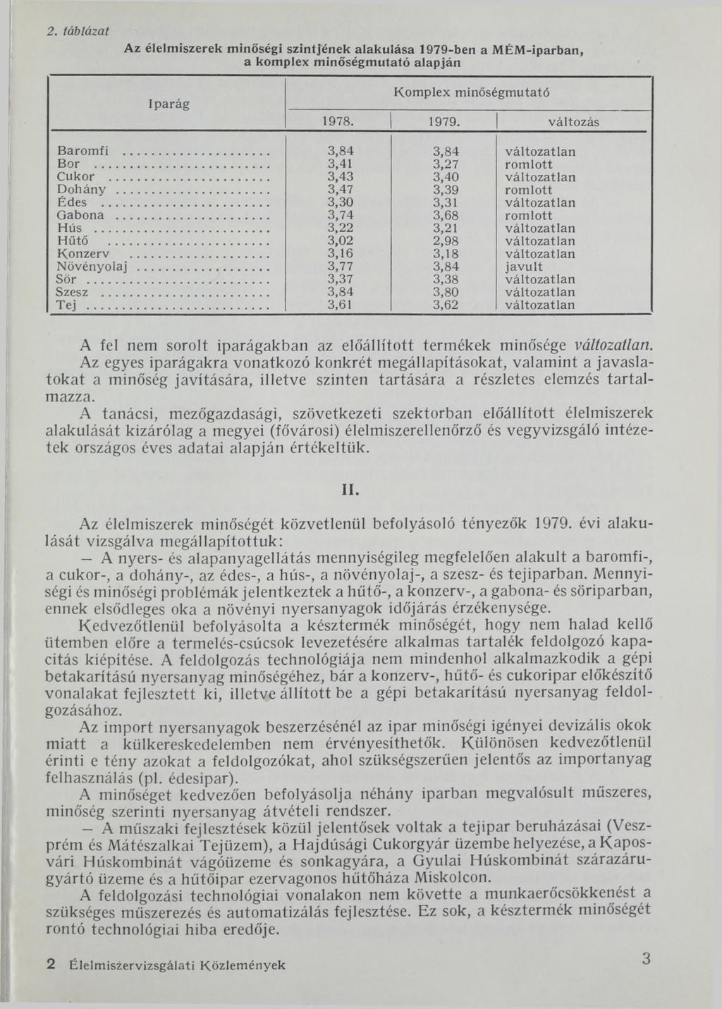 2. táblázat Az élelm iszerek minőségi szintjének alakulása 1979-ben a M ÉM -iparban, a komplex m inőségmutató alapján Iparág Komplex minőségmutató 1978. 1979. változás Barom fi.